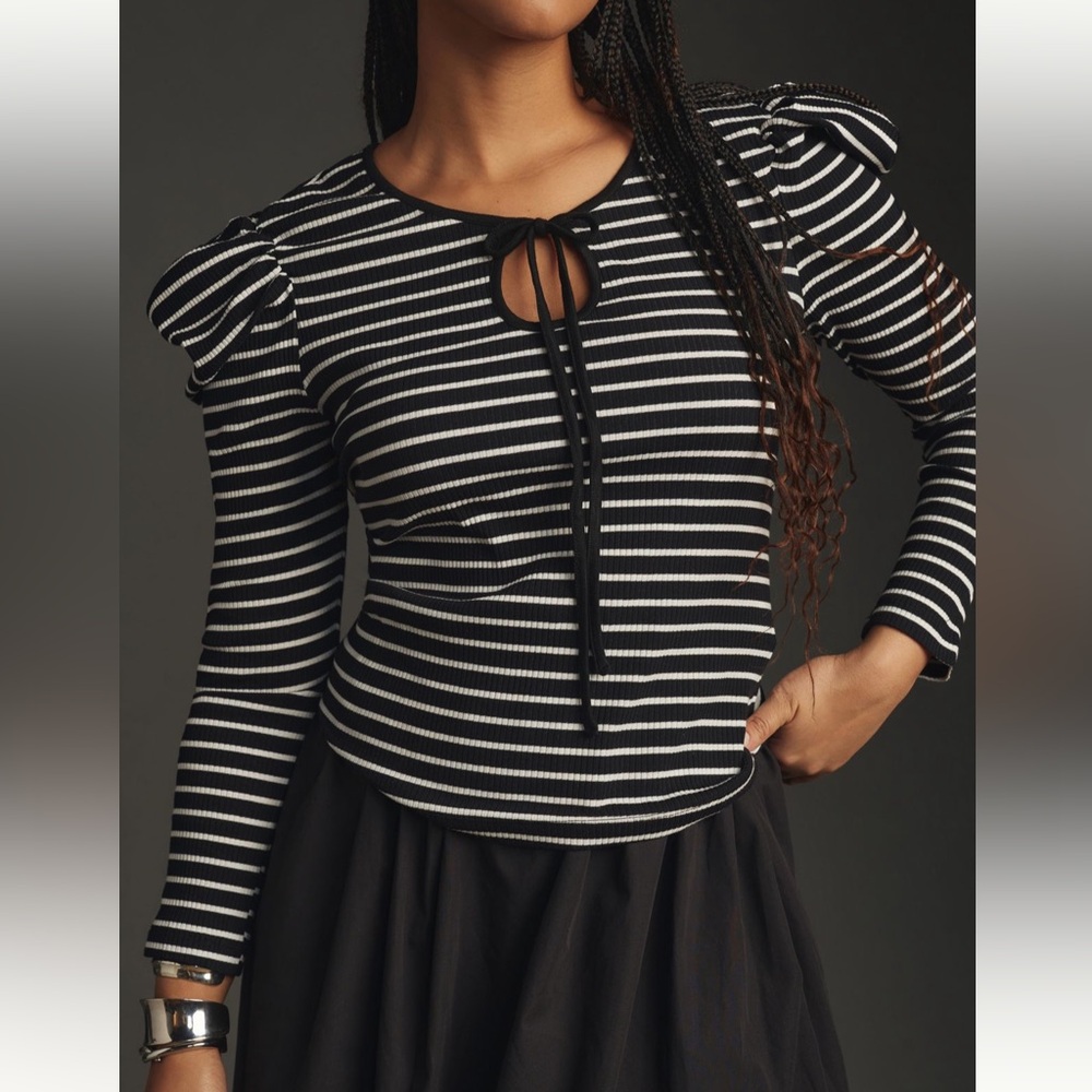 Anthropologie Porridge Puff Sleeve Tie Front Top. Striped Black and White. M